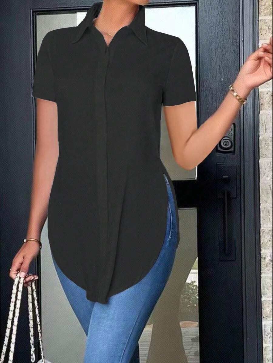 Summer fashion turndown collar ladies solid color short sleeve slim shirt 11