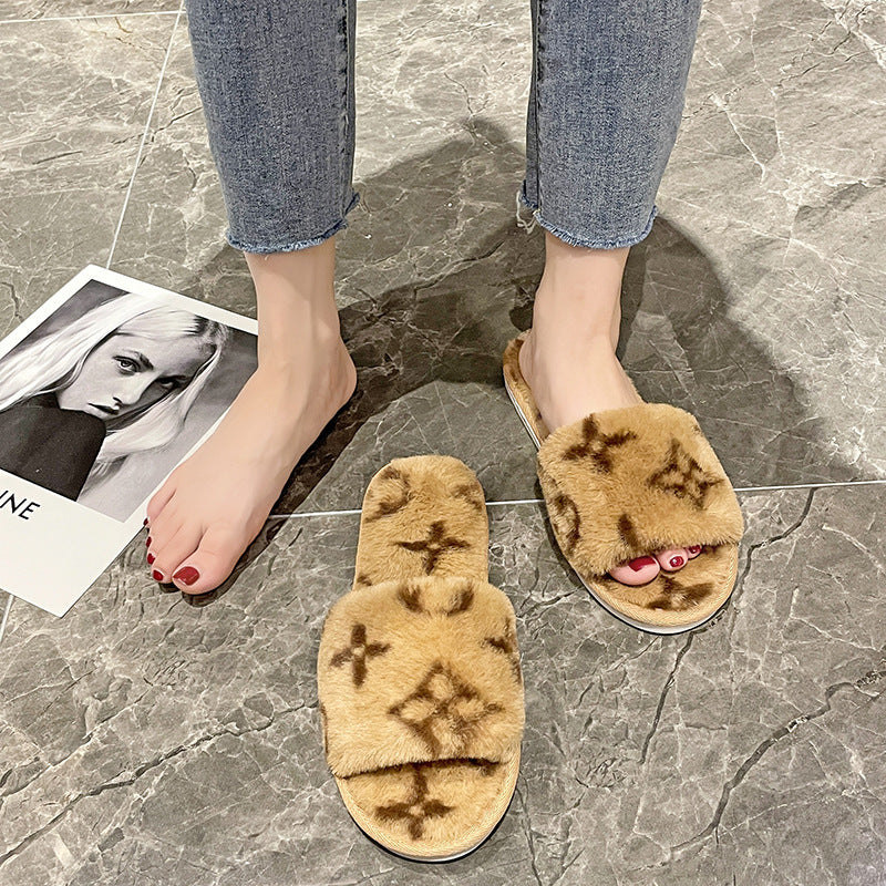 fur slipper women's home warm fur coat flat bottom open cotton slippers 7