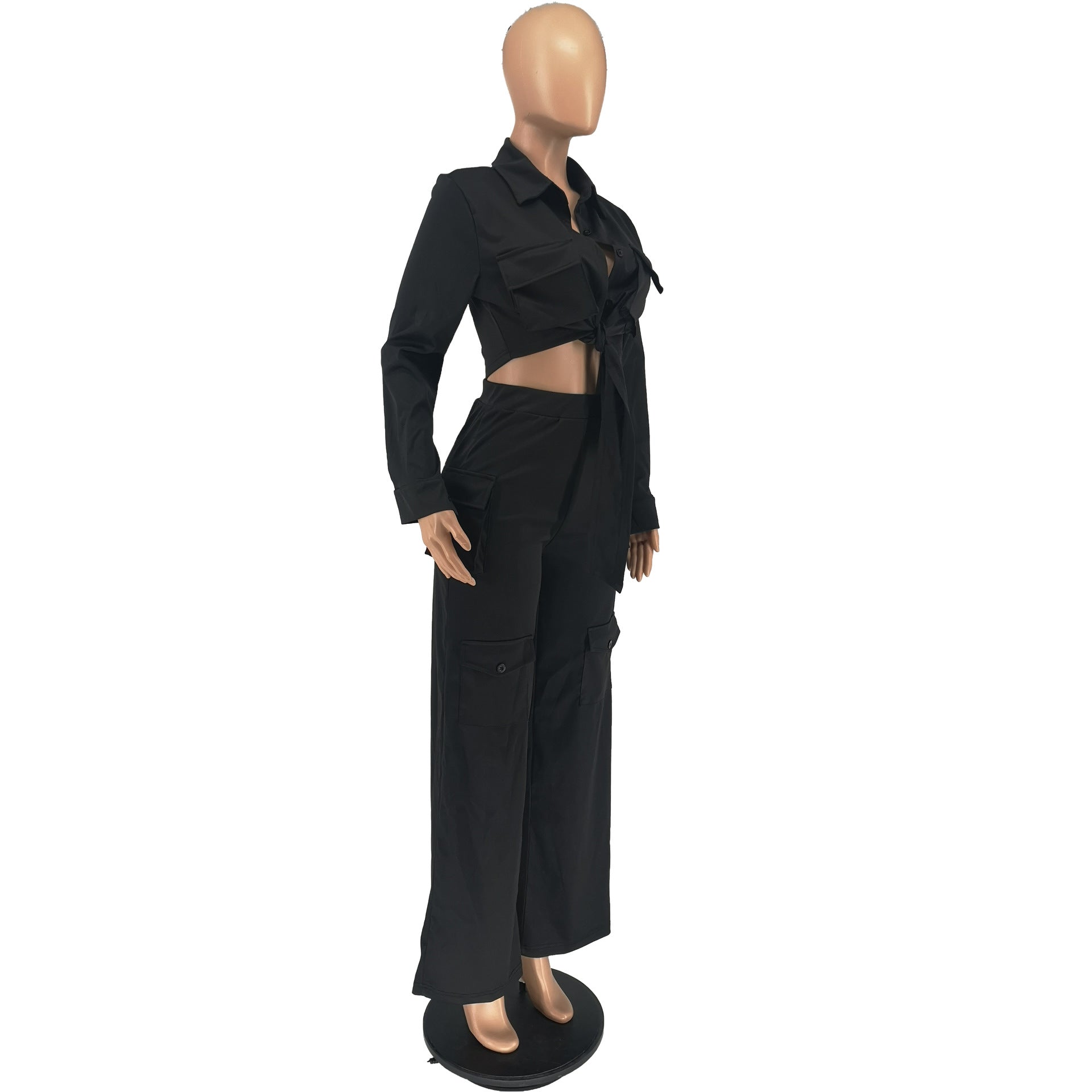 Women Cargo Long Sleeve Top and Wide Leg Pants Solid Two-Piece Set 22