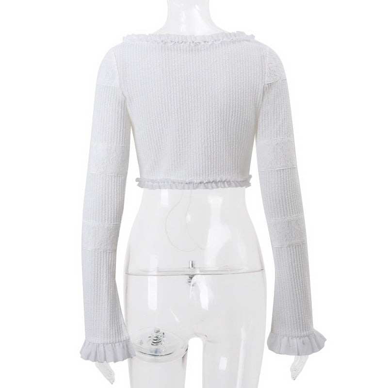 Women Sexy Square Neck Knitting Cardigan Bell Bottom Sleeve Ruffle Top and Shorts Two-piece Set 9