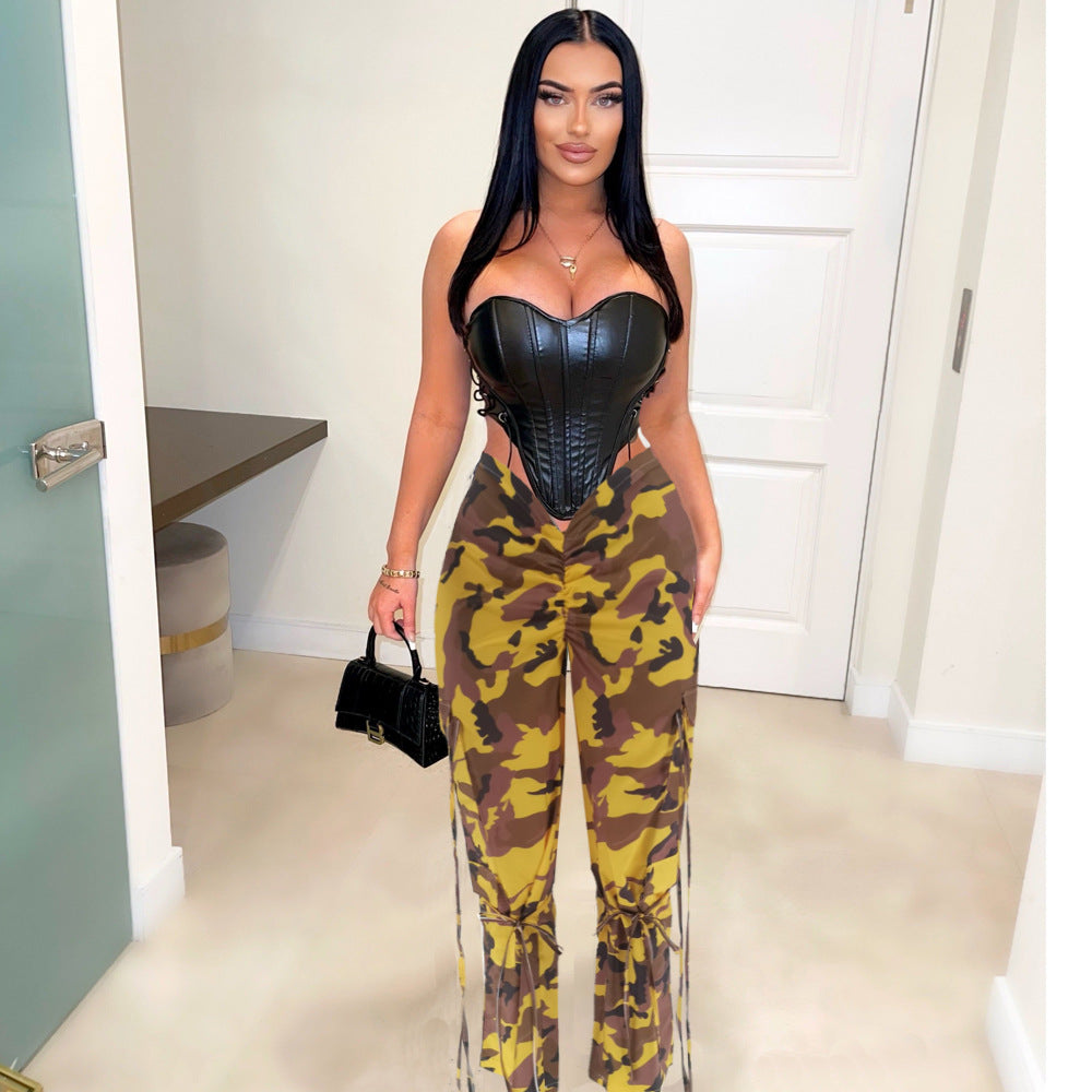 Camouflage pattern pleated strings pants 4