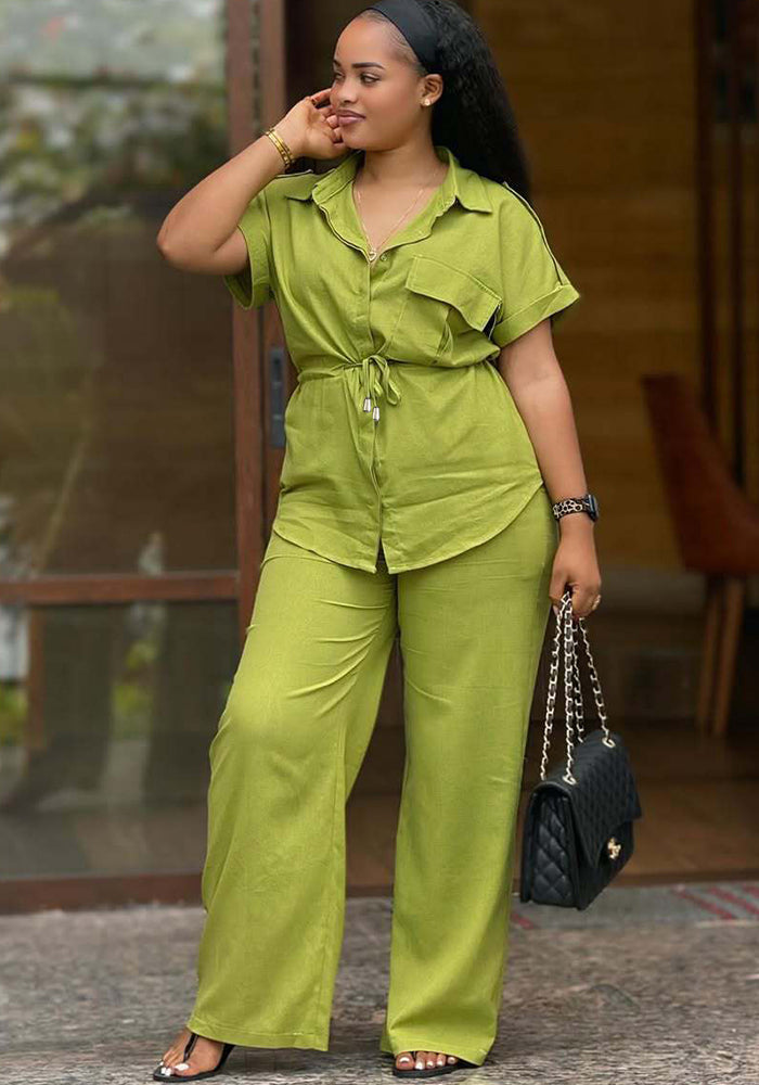 Plus Size Women Casual African Solid Turndown Collar Top and Trousers Two-piece Set
