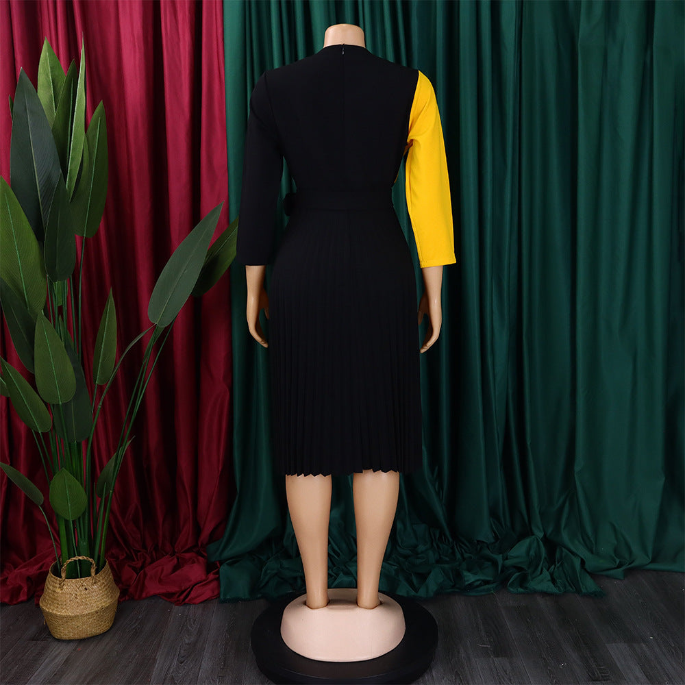 Africa Plus Size Women's Fashion Chic COLorblock Lace-Up Pleated Elegant Dress 11