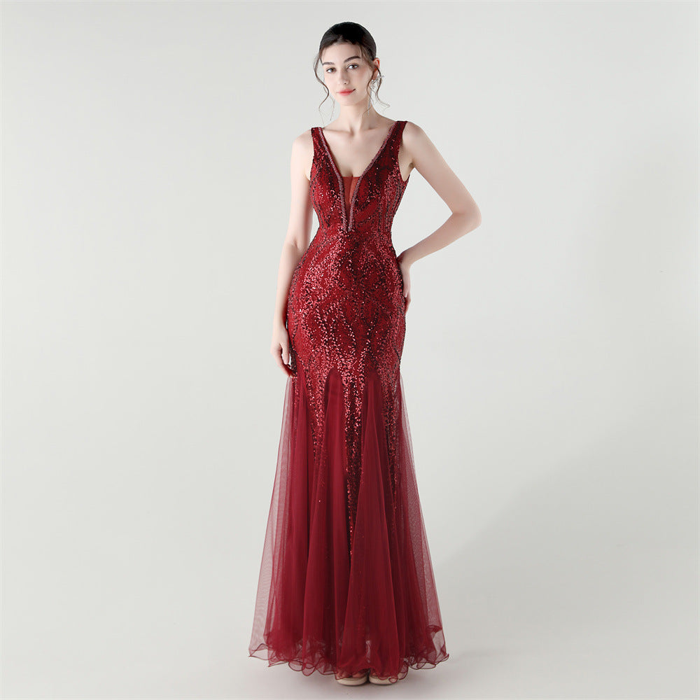 Deep V Fishtail Sequin Mesh Formal Party Evening Dress 6