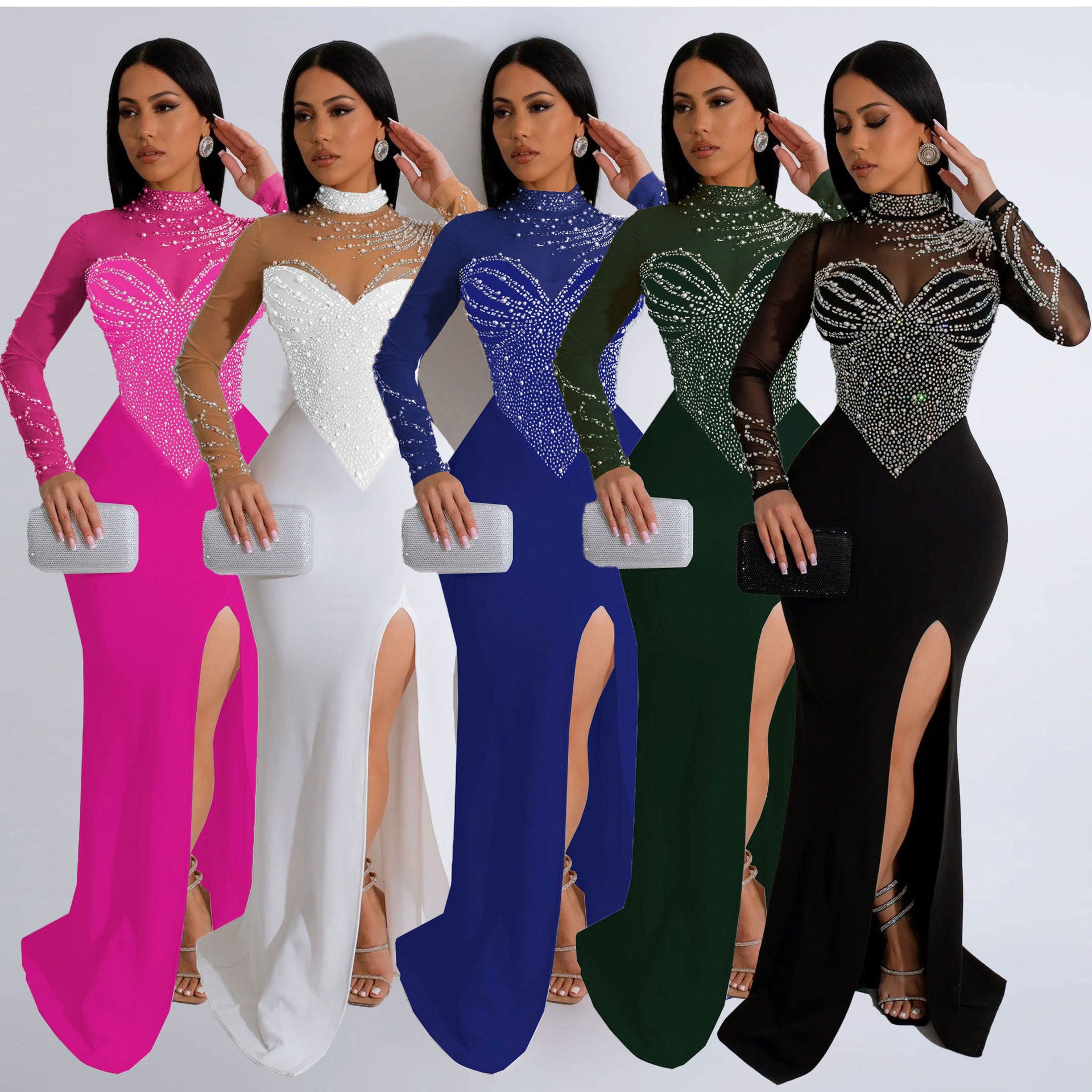 Women Beaded See-Through Bodycon Stretch Slit Dress 9