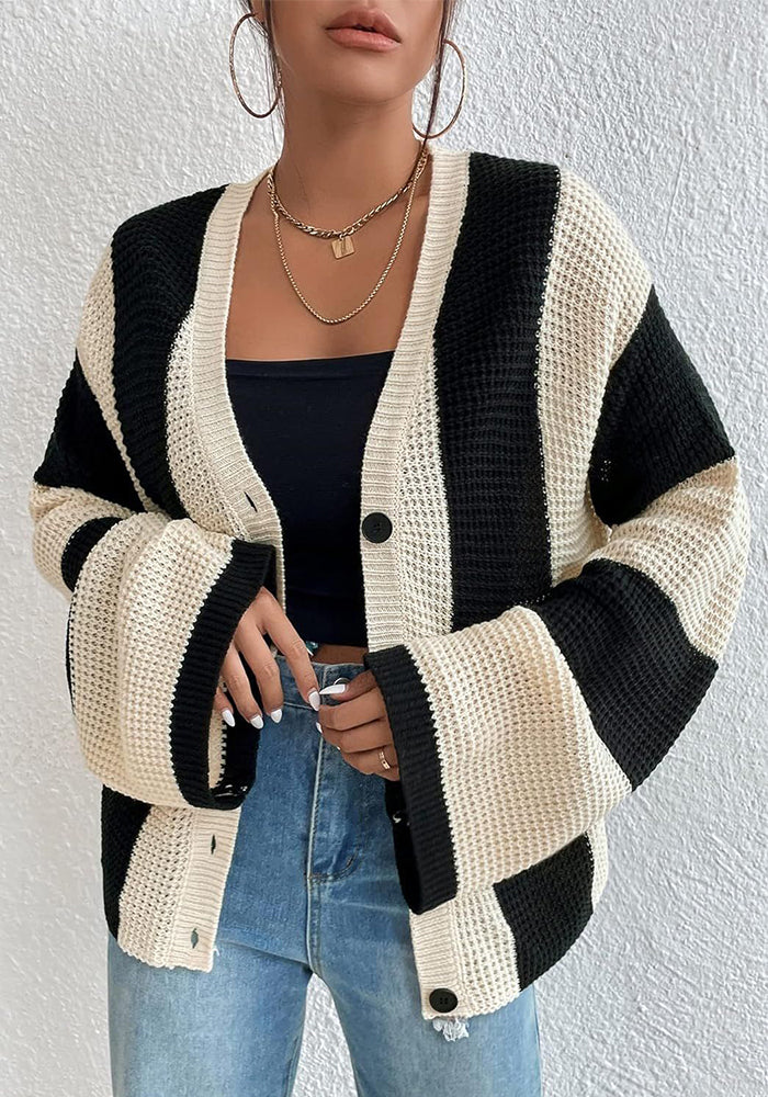Fashionable Autumn And Winter Women's Striped Contrast Color Bell Bottom Sleeve Loose Knitting Cardigan