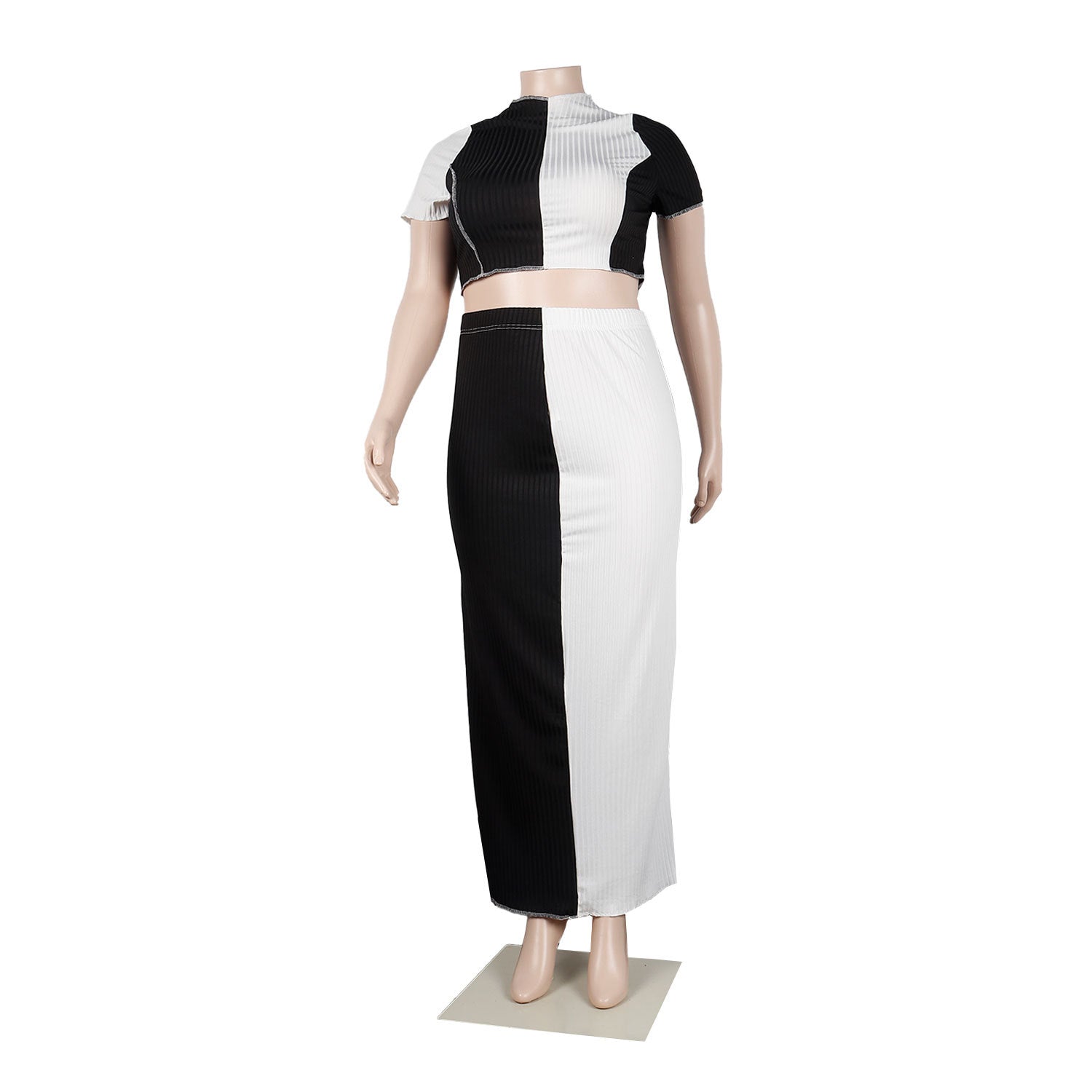 Plus Size Women Black and White Colorblock Short Sleeve Top+Skirt Two-piece Set 7