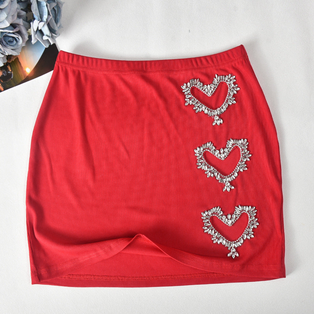 Rhinestone Heart Hollow Crop T-Shirt Short Skirt Fashion Casual Two Piece Set For Women 15