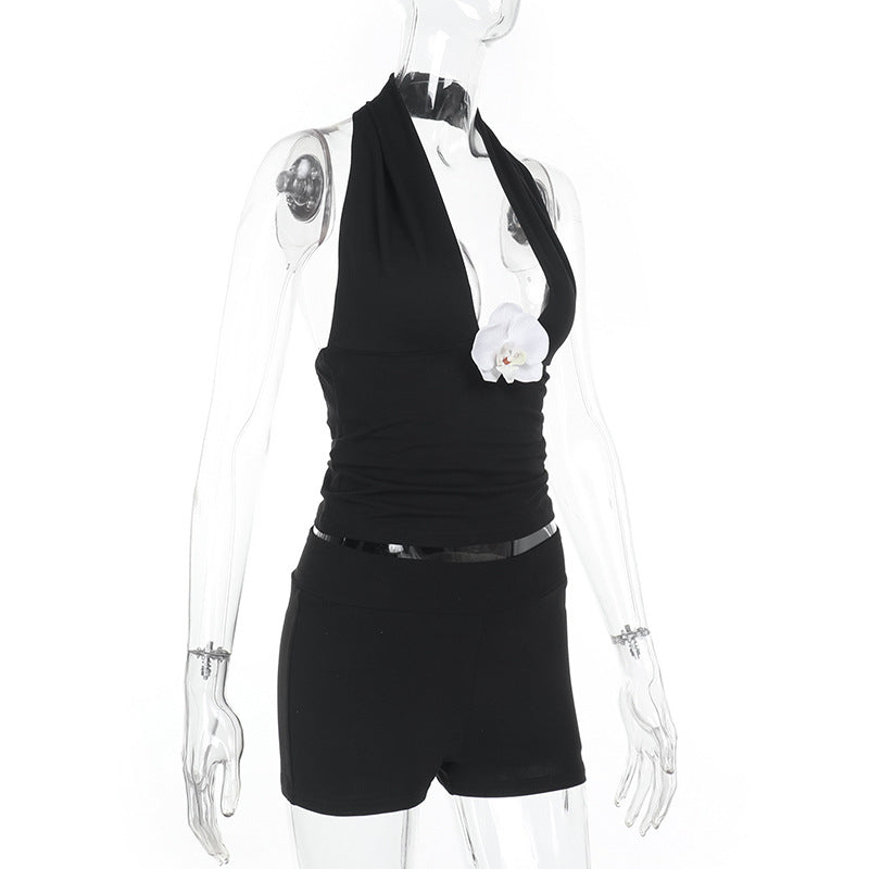 Women's Fashion Summer Set High Waist Solid Color Shorts and Halter Neck Flower Top 8