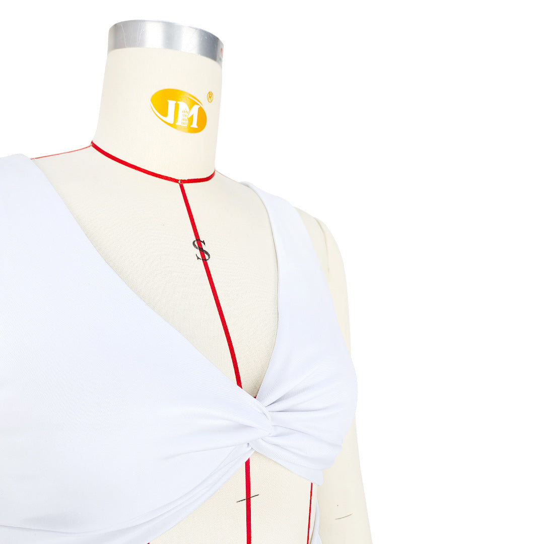 Women Solid Color Slim Cut Out Knot Bell Bottom Jumpsuit 18