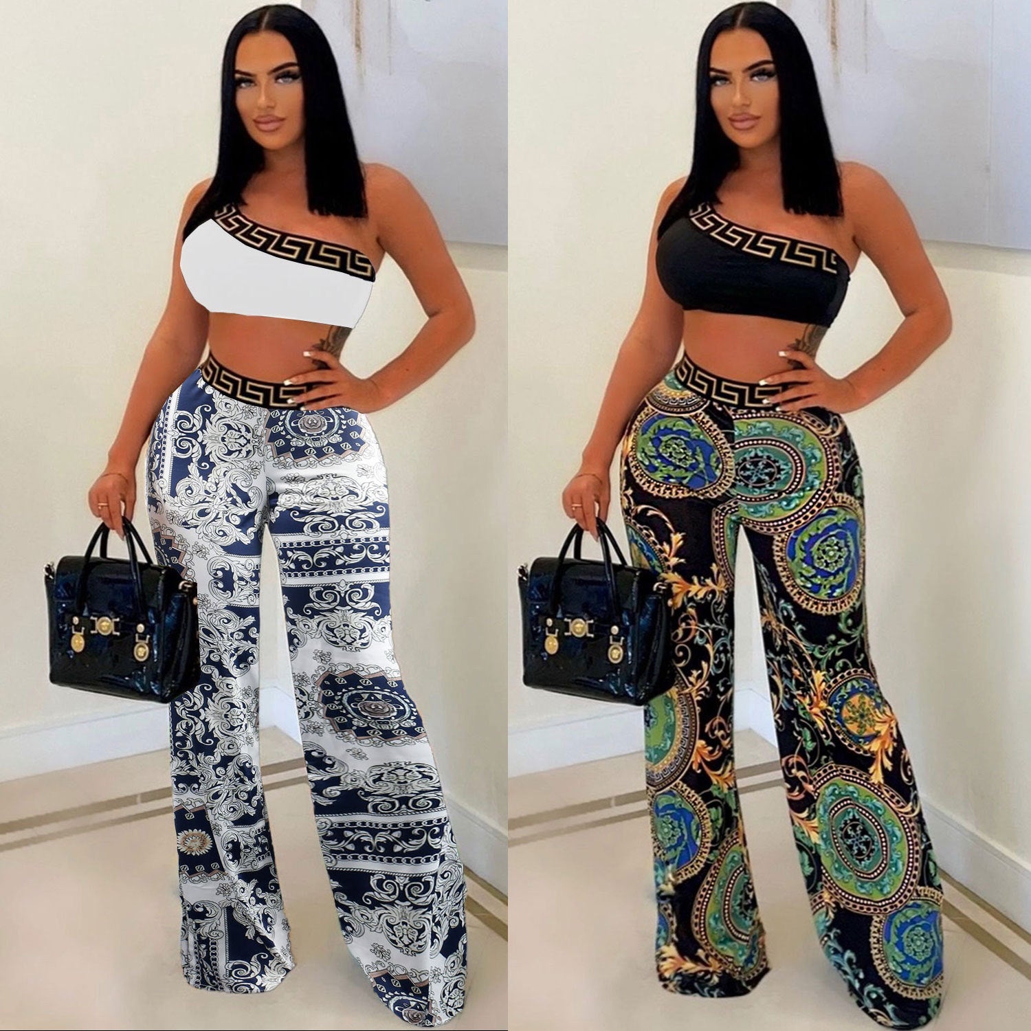 Sexy Slim Print Slash Shoulder Sleeveless Crop Top Pants Two-Piece Nightclub Suit 4