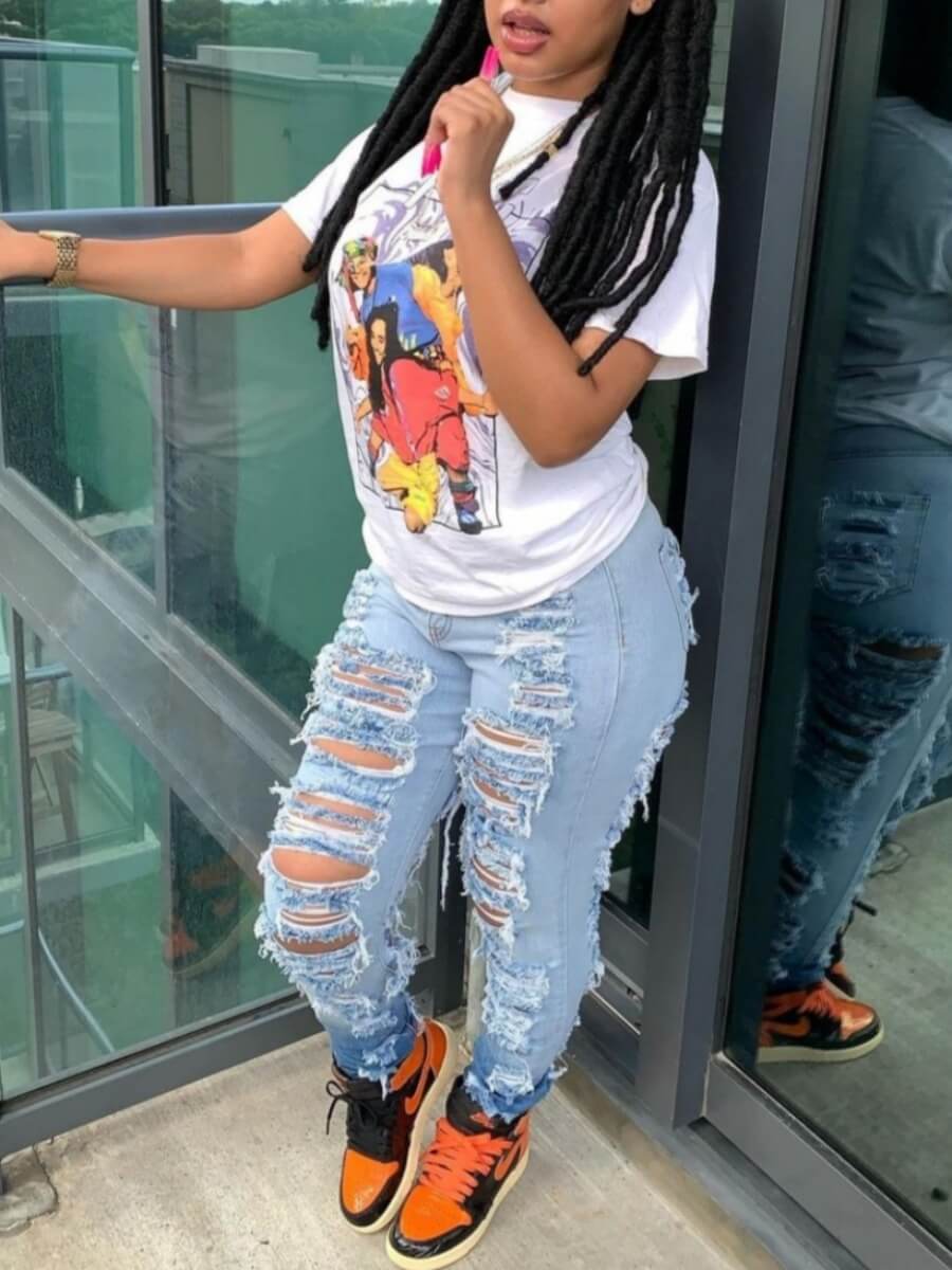 Ripped Denim Pant High Rise Stretch Plus Size Ombre Ladies Trousers