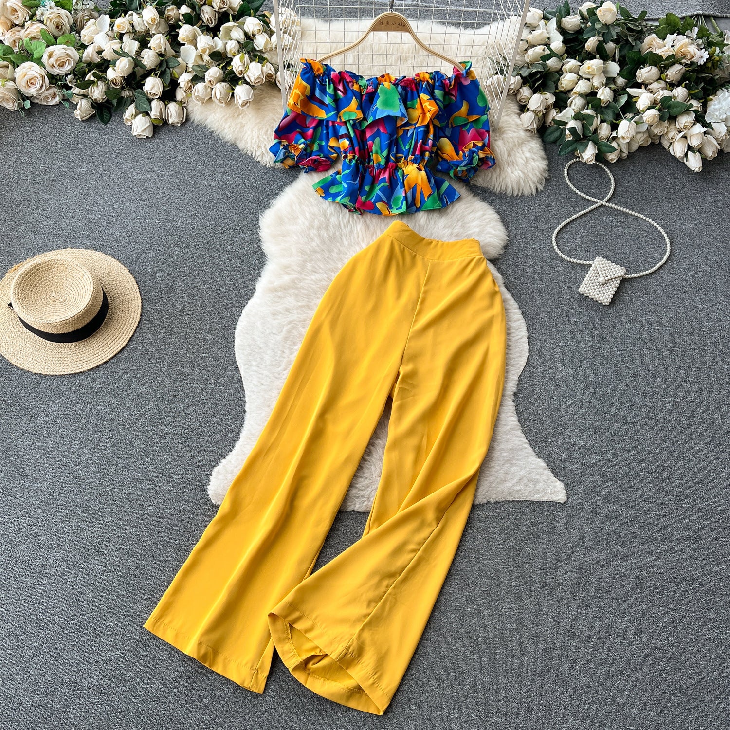 Women French Off Shoulder Ruffled Floral Blouse and Wide Leg Pants Two-Piece Set 10