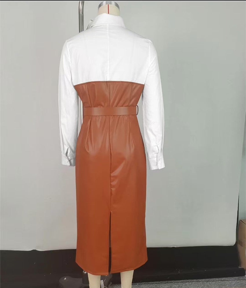 Women Pu Leather Belt Patchwork Contrast Long Sleeve Dress 5