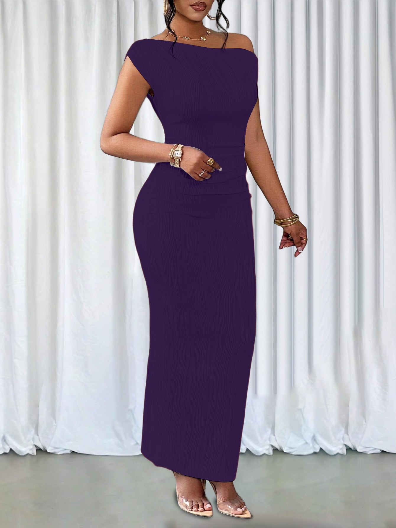 Fashion Ripple Slash Shoulder Slim Long Dress 27