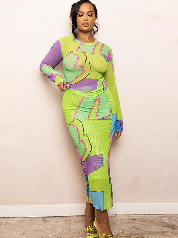 Fashion Print Round Neck Long Sleeve Top Slim Long Skirt Two Piece Set