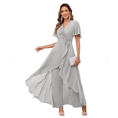 V-Neck Mother's Dress Solid Color Pants Two-Piece Set 21