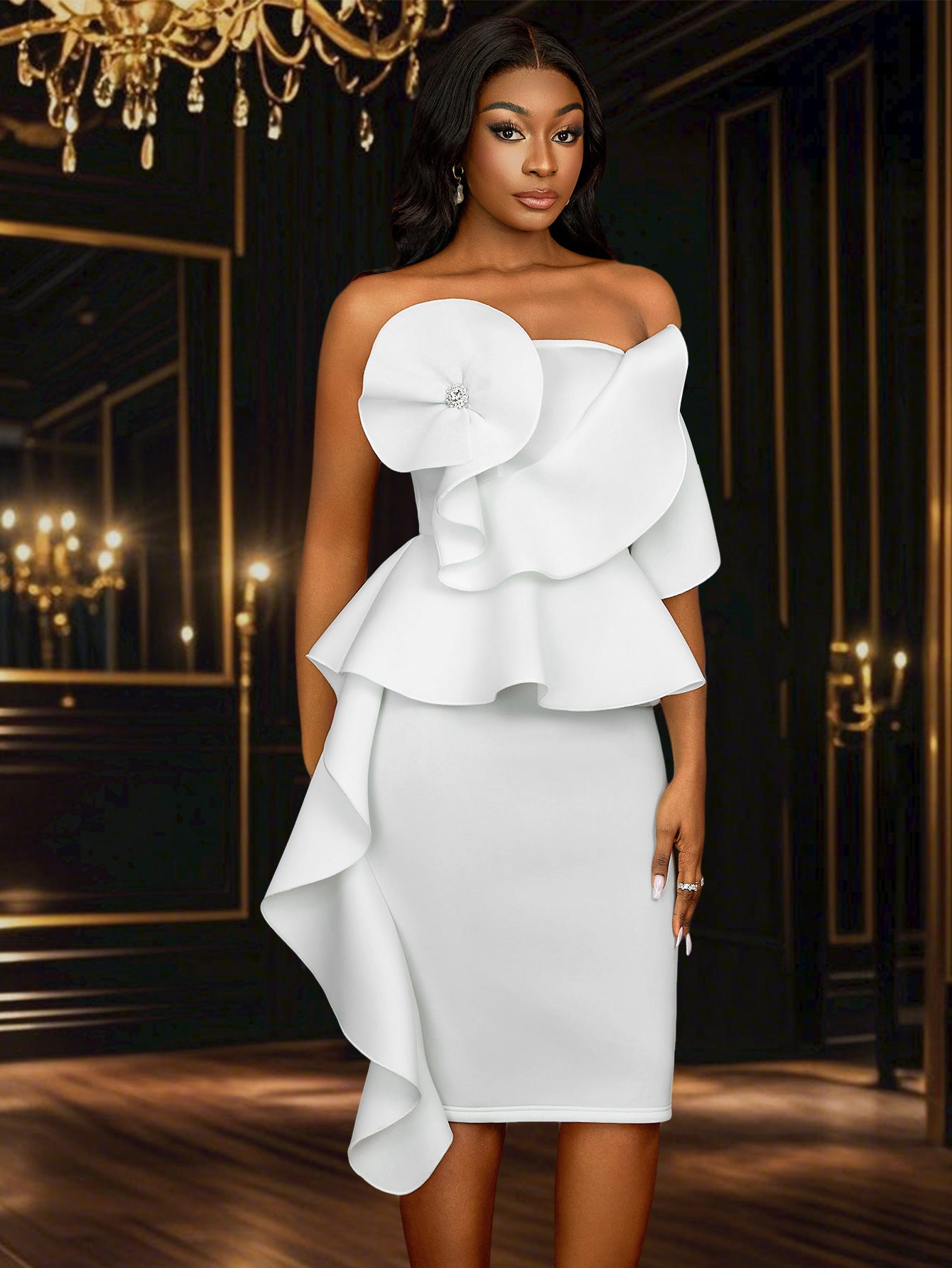 Women Sexy Strapless Lotus Leaf Lace Elegant Bodycon Dress 11