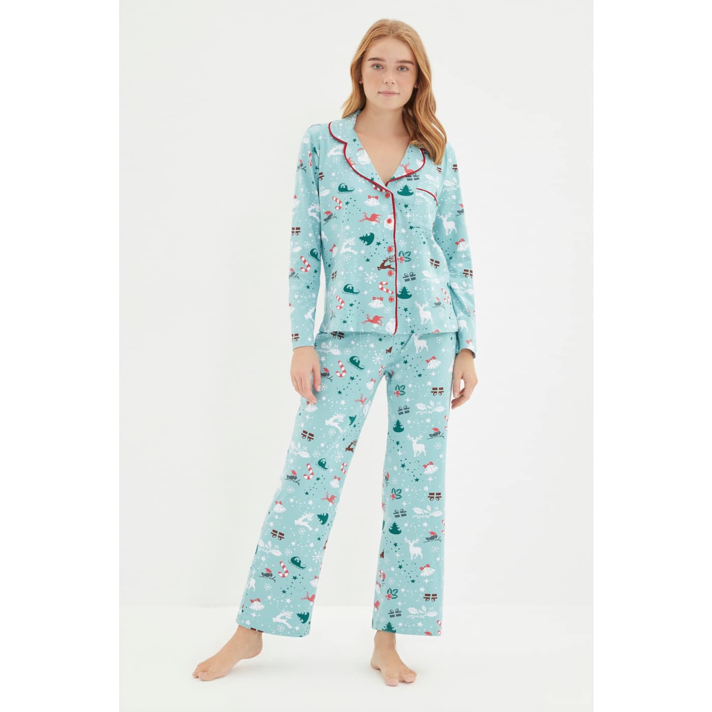 Casual Christmas Printed Shirt And Pants Pajama Set