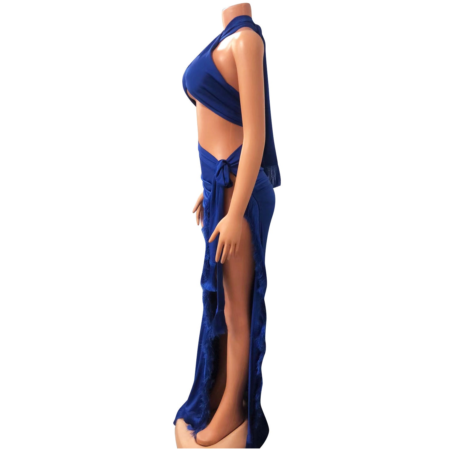 Summer Women's Sexy Wrap Breast Lace-Up Tassel Two Piece Skirt Set 14