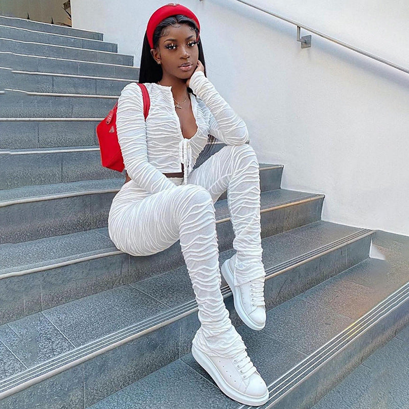 Women Autumn Solid Lace-up Wavy Stripe Crop Top and Pants Two-piece Set