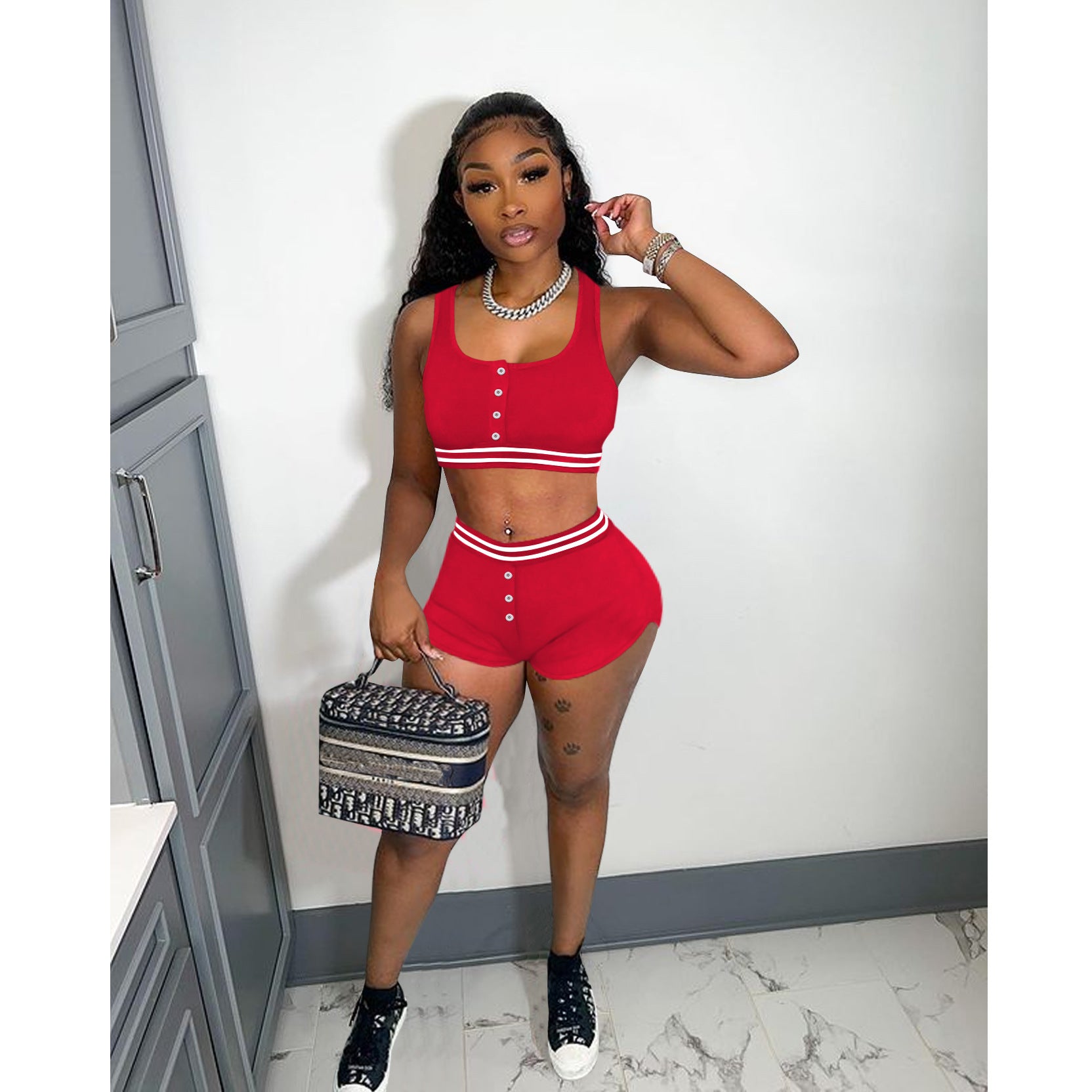 Ladies Solid Color Tank Top Shorts Sports Two Piece Set 7