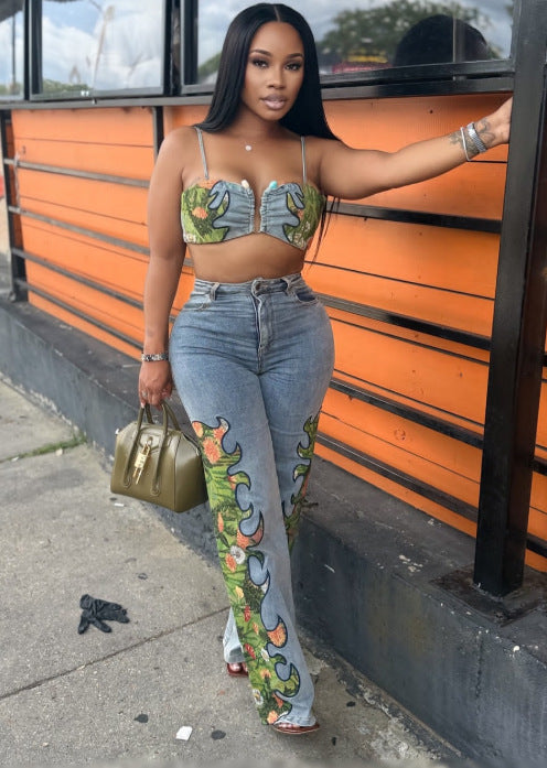 Women Sexy Floral Stretch Wrap Top and Denim Pants Two-Piece Set 8