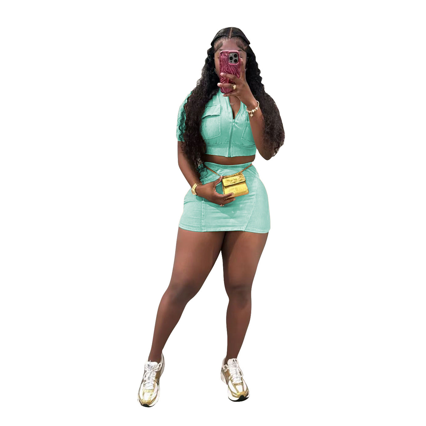 Women casual washed patchwork pocket top and skirt two-piece set 6