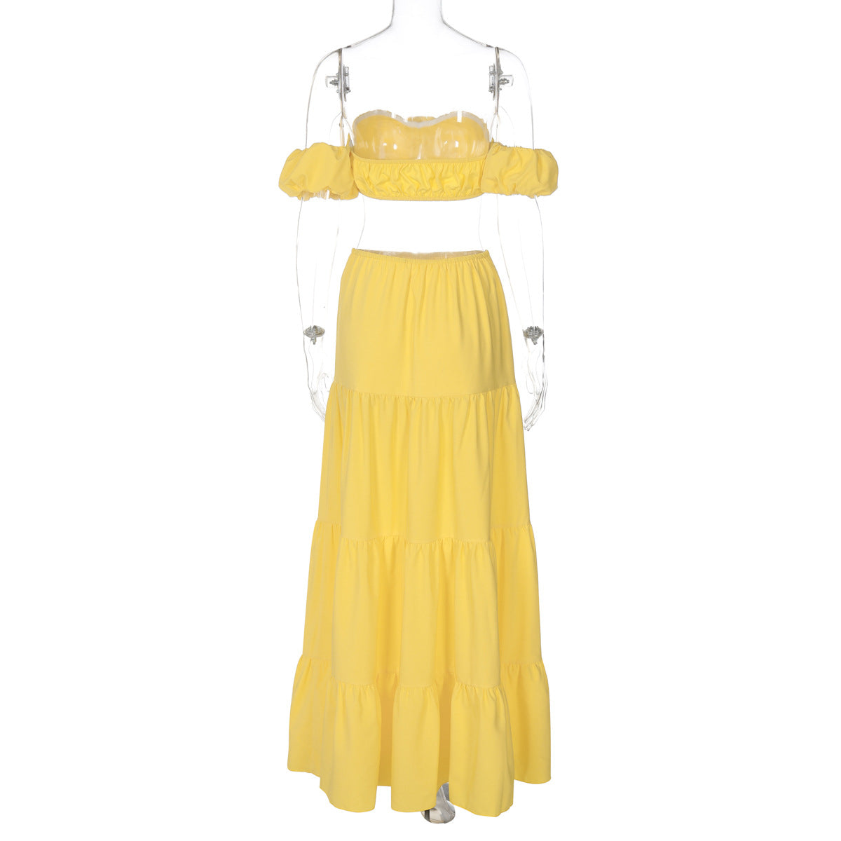 Women's Summer Solid Color Sexy Short-Sleeve off shoulder Pleated Ruffle skirt Set 8