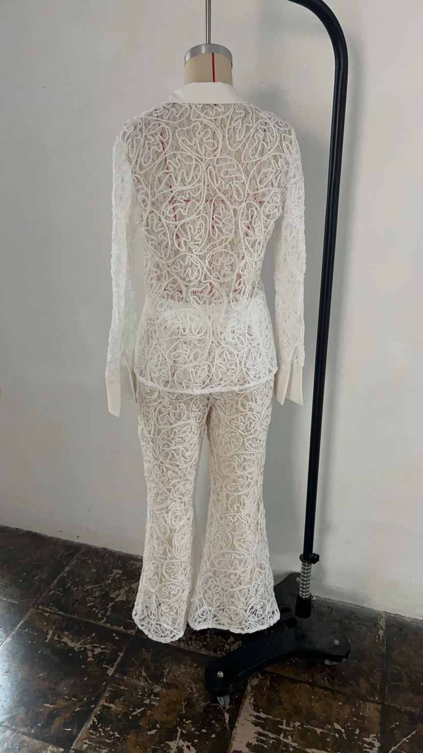 Autumn Slim Sexy Hollow Jacquard Lace Two Piece Pants Set 9