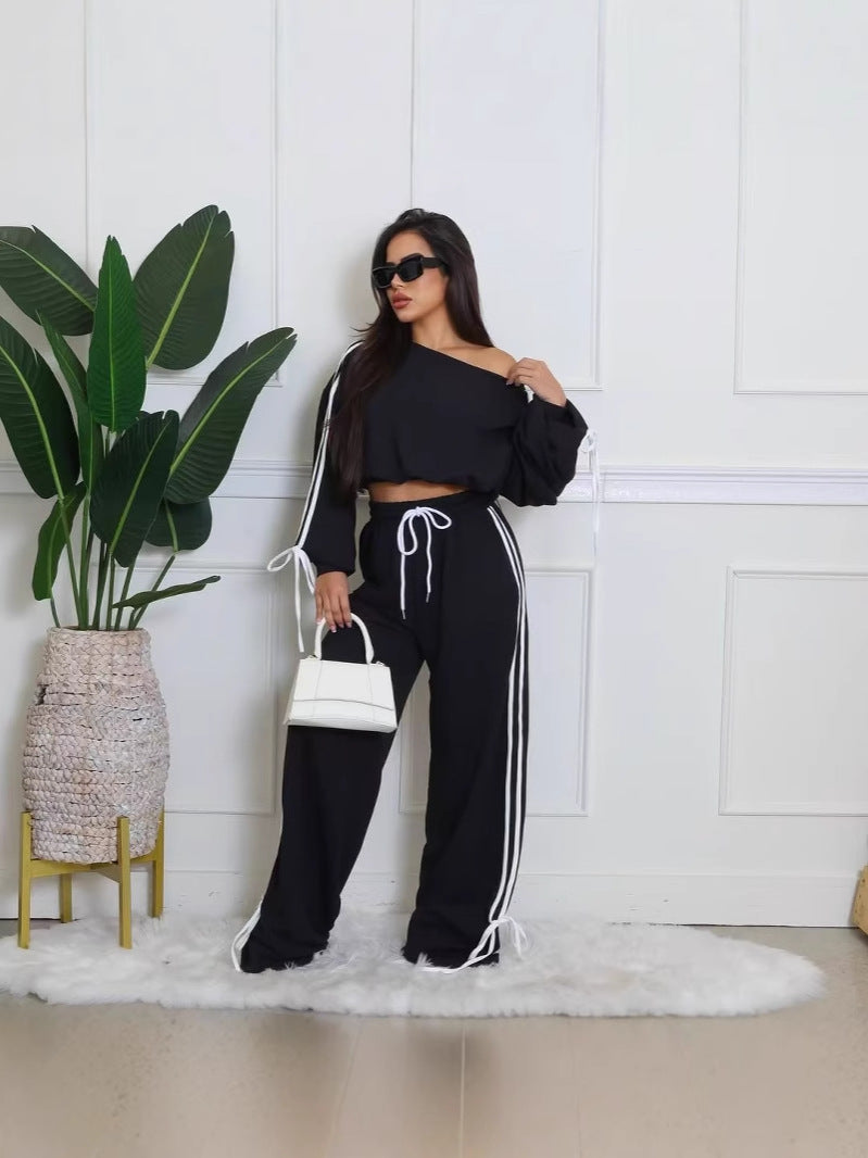 Autumn Casual Women's Solid Color Loose Webbing-Trimmed Two-Piece Pants Set