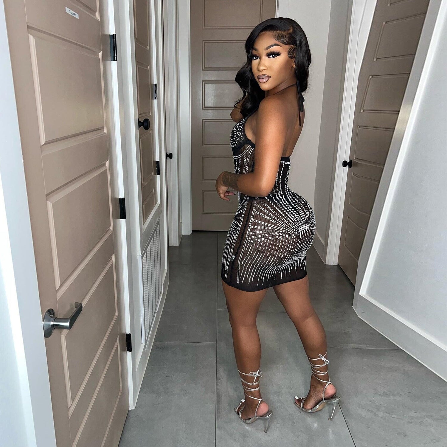 Women Summer Sexy Straps Beaded Mini Bodycon Dress 7