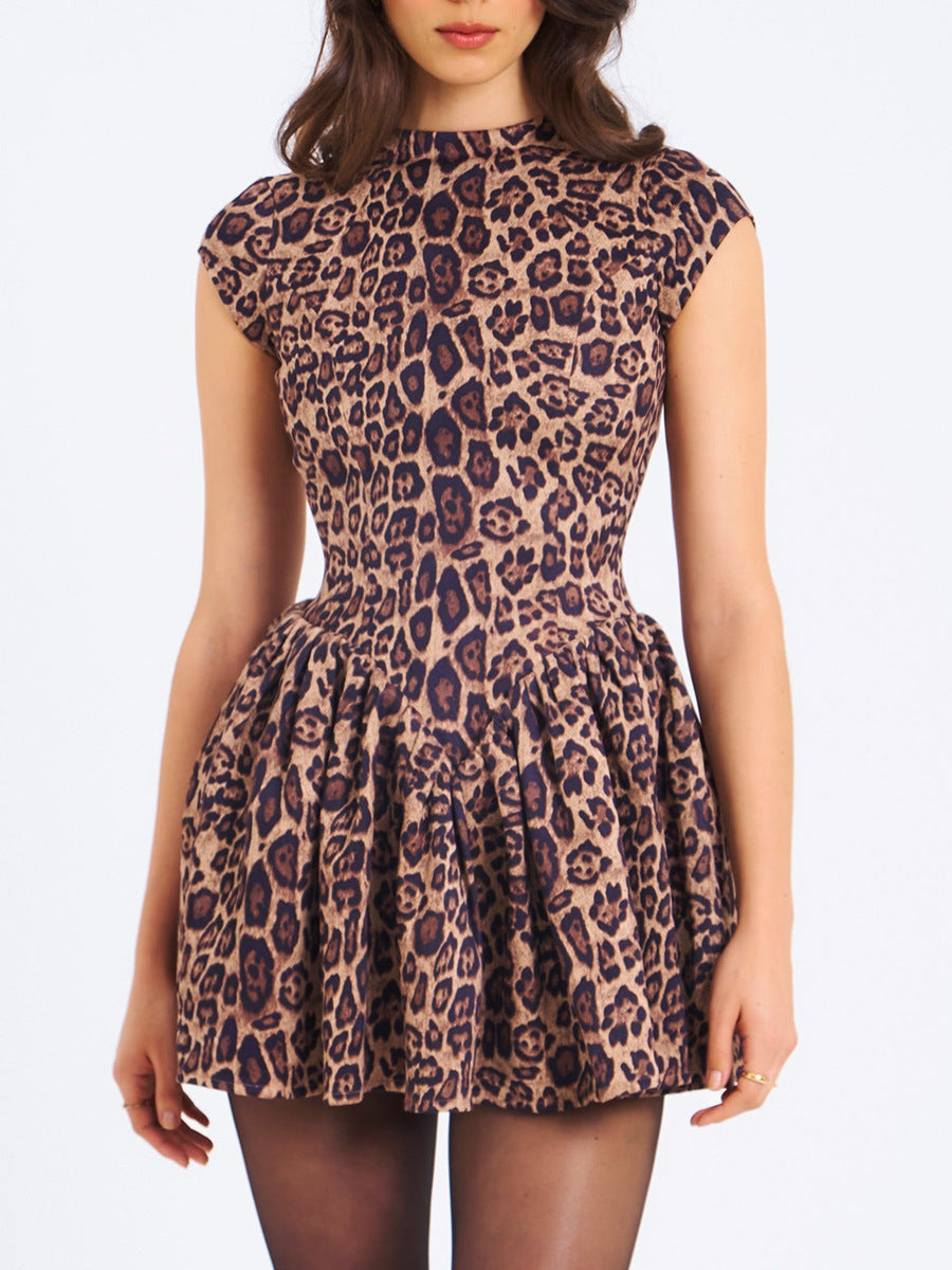 Autumn And Winter Women's Sexy Low Back Round Neck Slim Fit Leopard Pleated Dress 6