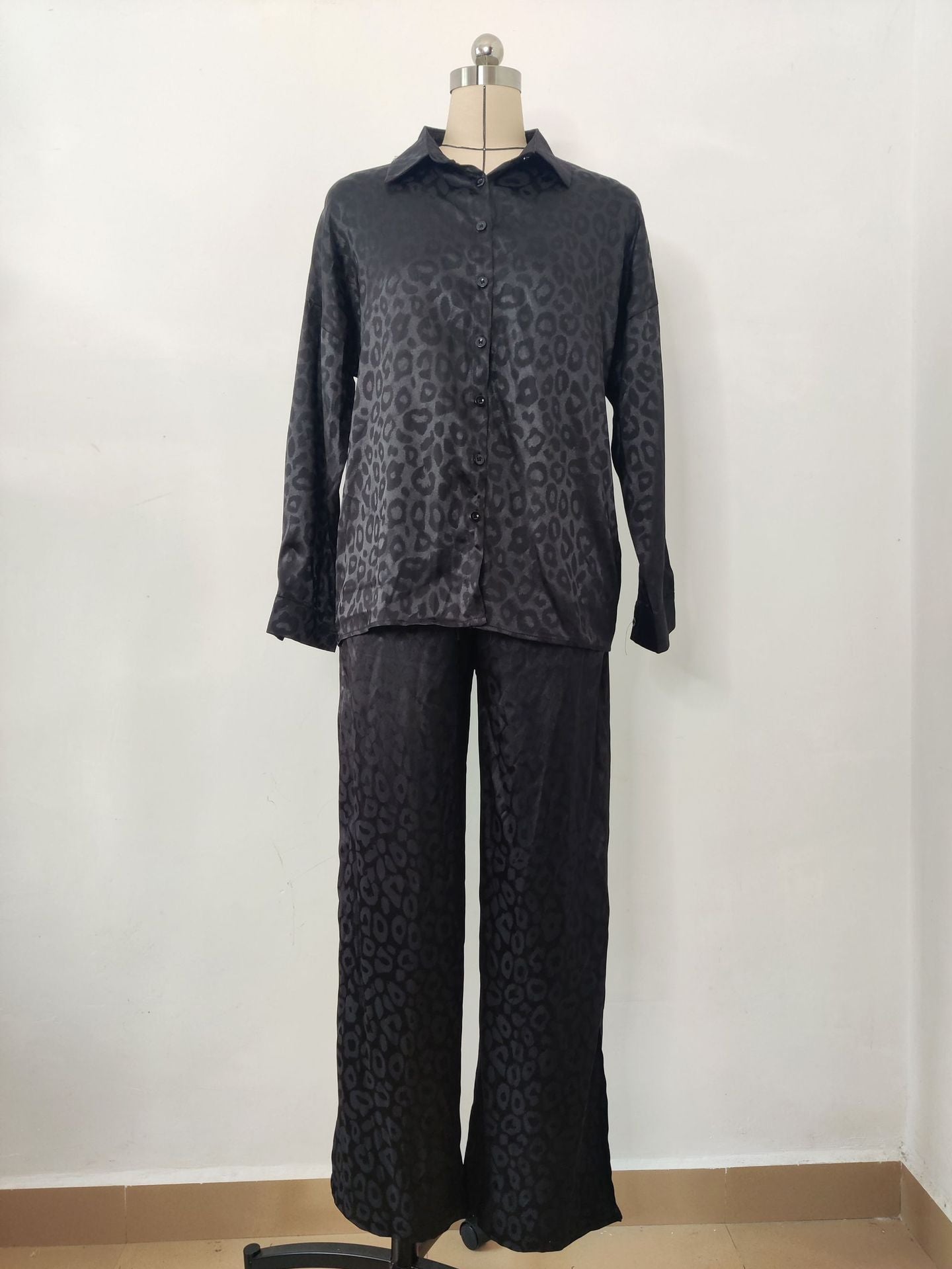 Women leopard print jacquard long-sleeved shirt and elastic waist loose trousers two-piece set 31