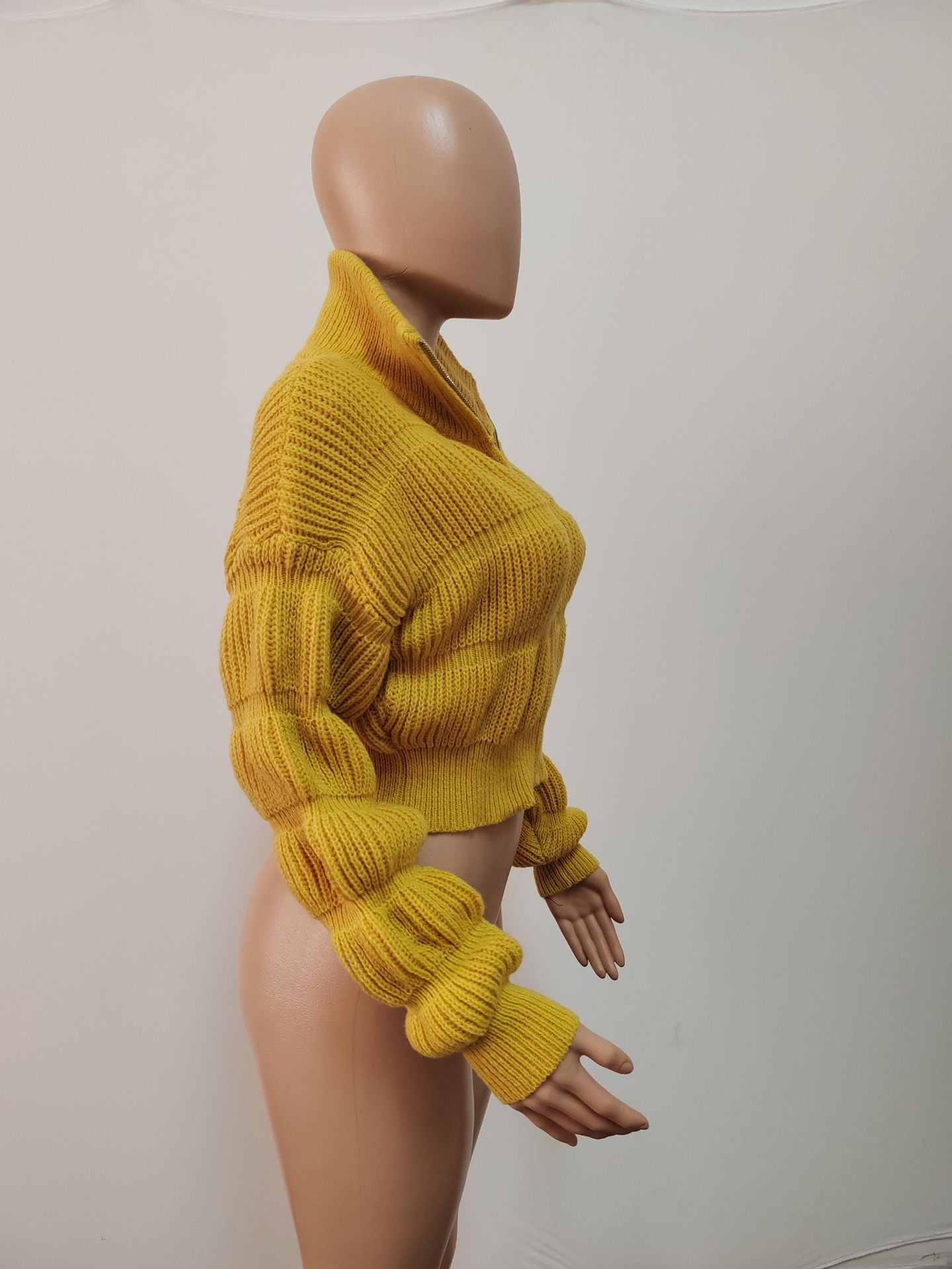 Women loose lantern sleeves Ribbed cuffs zipper sweater 13