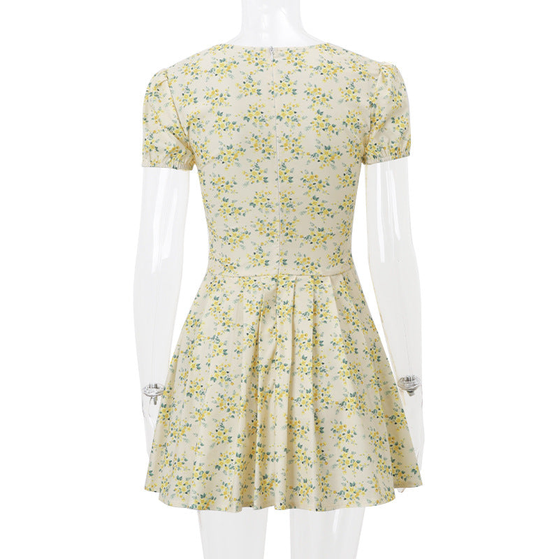 Women summer sexy floral bubble sleeve v-neck French dress 9