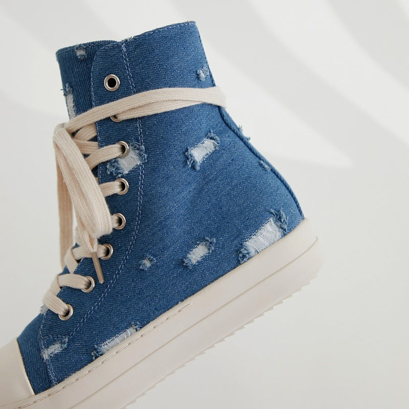 Platform Canvas Shoes Women's Washed Couple High-Top Shoes Ripped Denim Style Trendy Shoes For Men 7