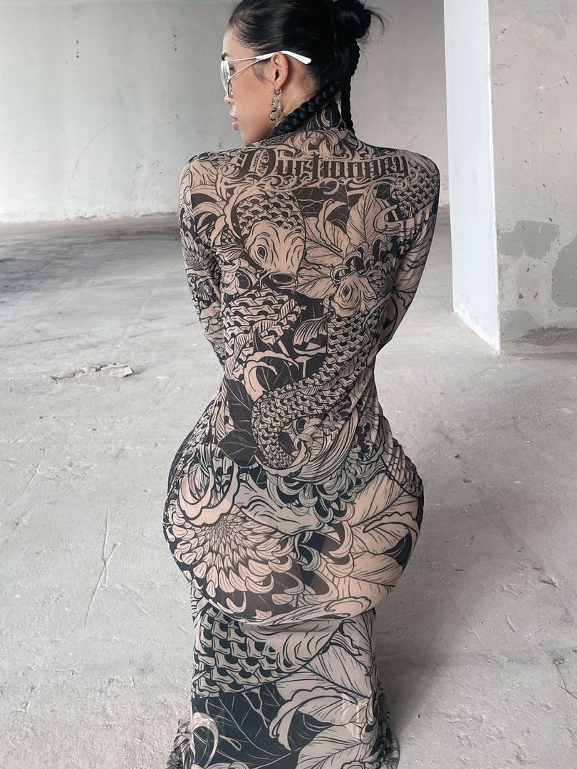 Women's Fall Fashion Mesh Print See-Through High Neck Slim Fit Dress For Women