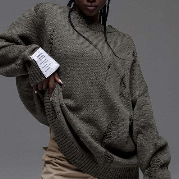 Women Casual Ripped Round Neck Loose Long Sleeve Sweater 7