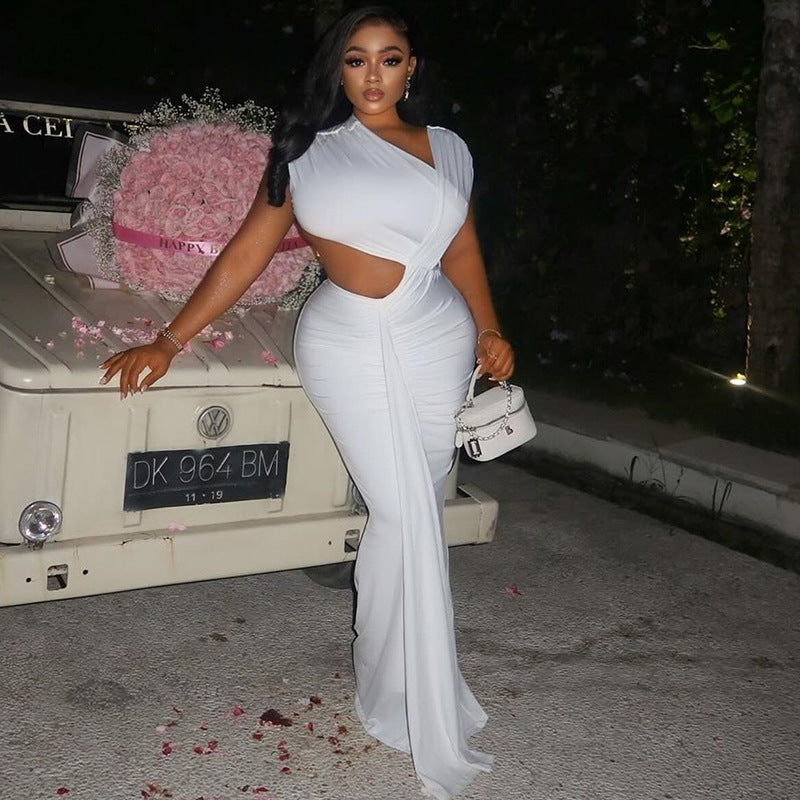 Women's Fashion Solid Color Slash Shoulder Sleeveless Ribbon Fishtail Chic Long Dress 6