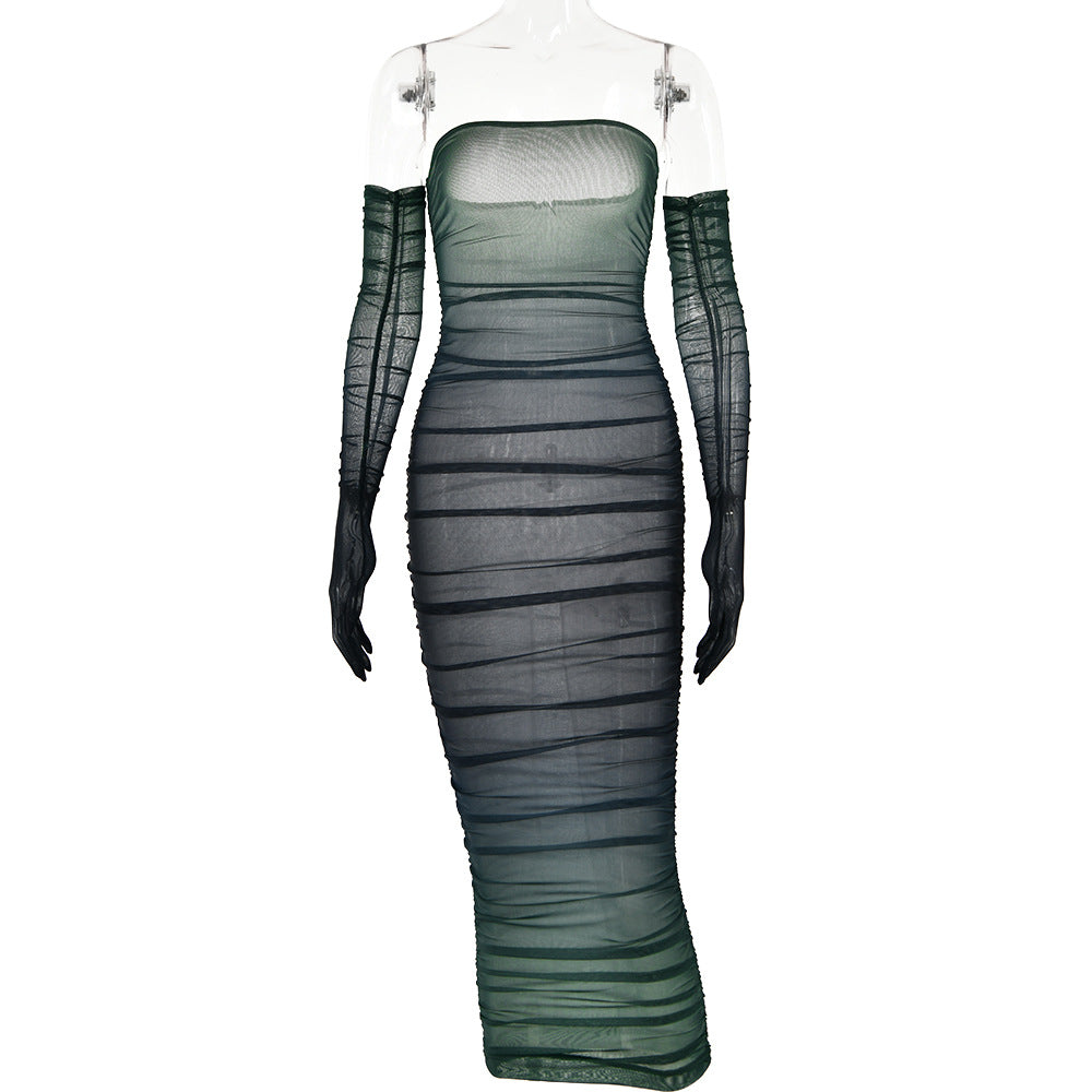 Women Mesh Gradient Off Shoulder Strapless Backless Dress 10