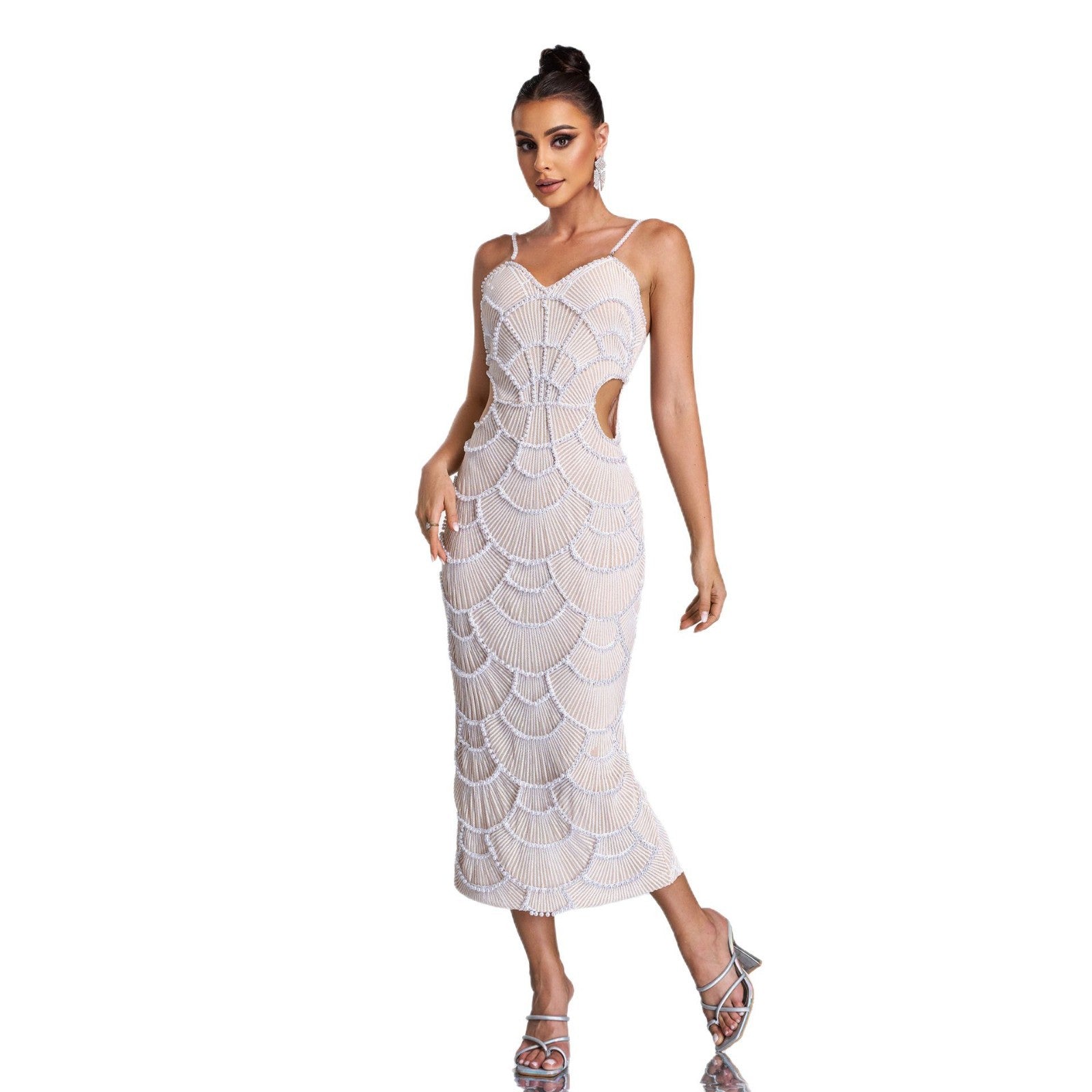 Women's Luxury Strap V-Neck Slim Hollow Sequin Bead Formal Party Evening Dress 5