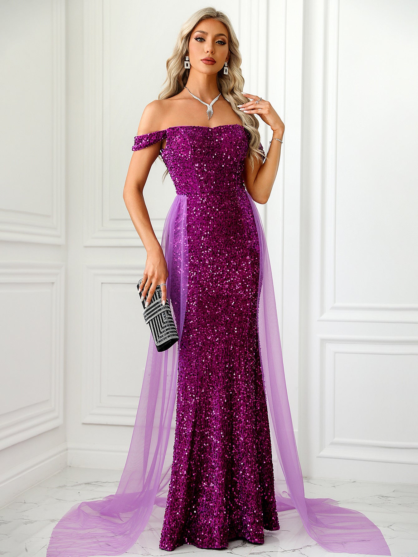 Women Off Shoulder Backless mesh Maxi Evening Dress