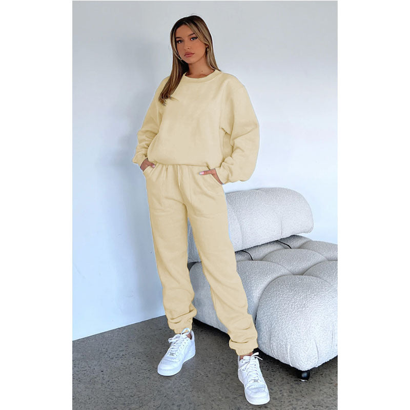 Solid Color Fleece Round Neck Pullover Long Sleeve Hoodies Fashionable Casual Pants Set 5