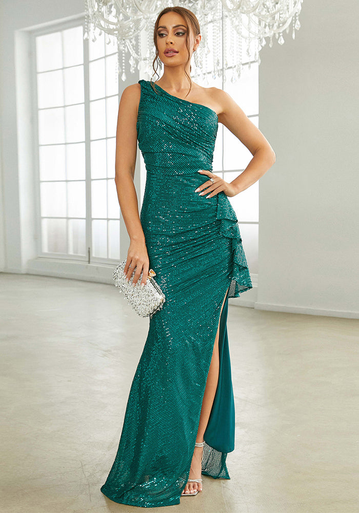 Women one shoulder slash shoulder bodycon sequins slit formal party evening dress