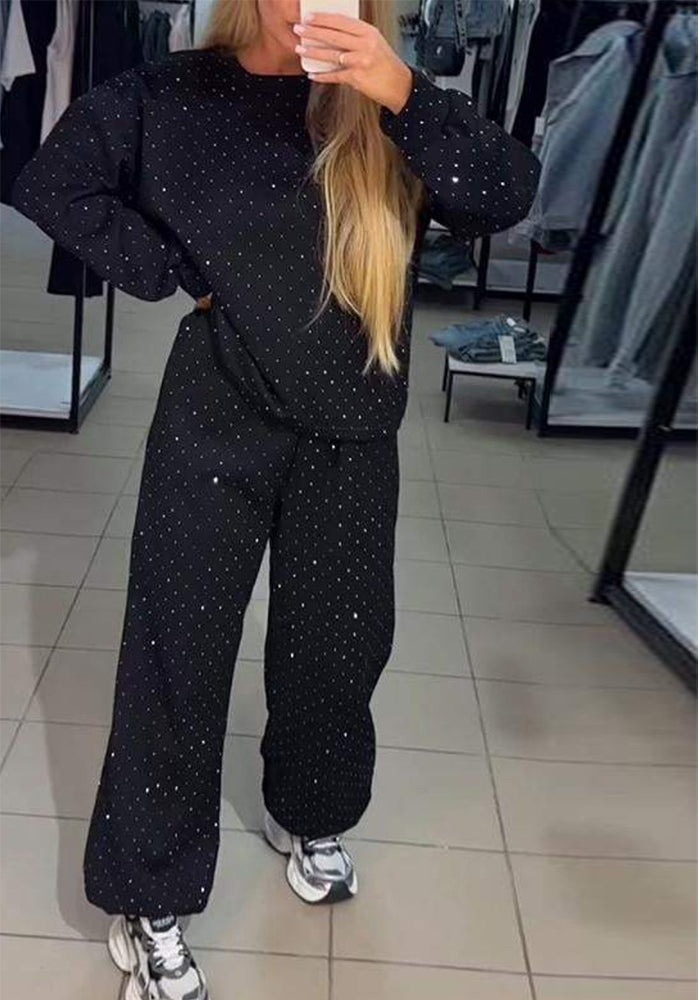 Autumn Winter Women's Clothing Casual Round Neck Long Sleeve Beaded Two Piece Pants Set