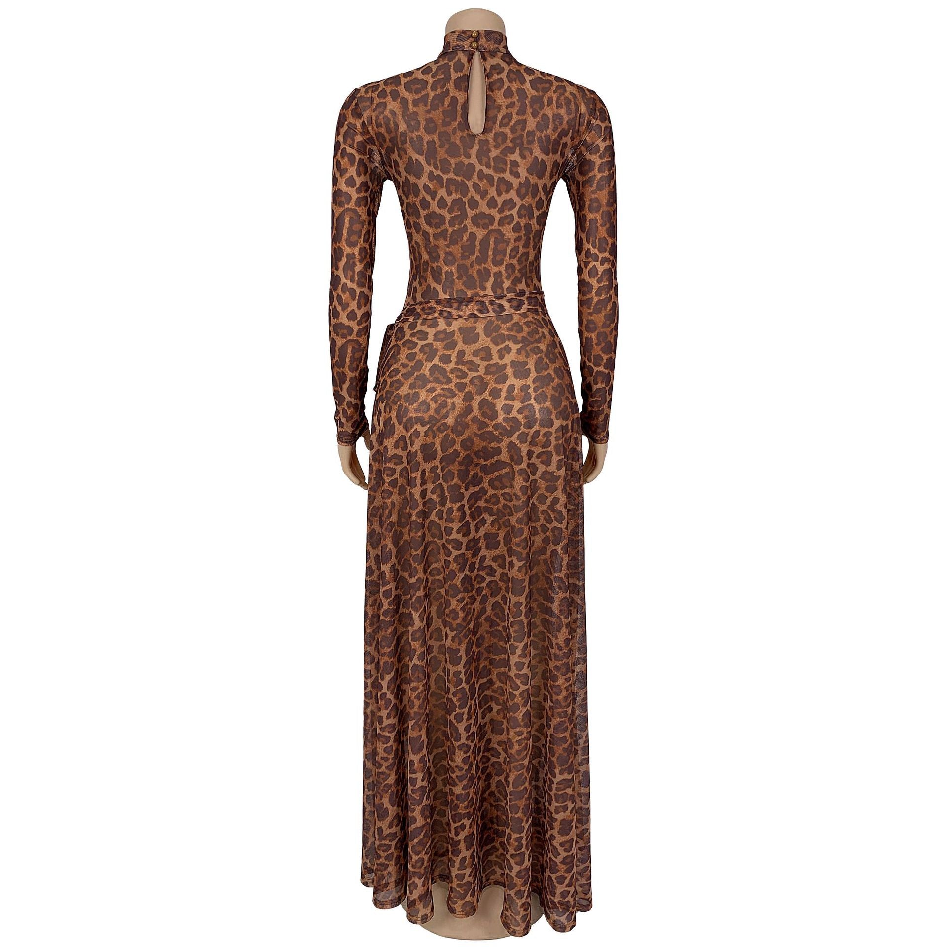 Women Sexy Leopard Print Long Sleeve Slit Dress 4