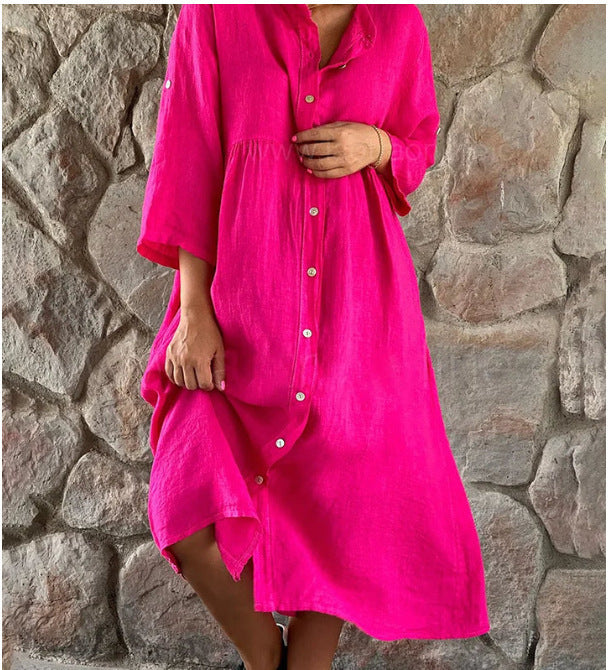 Women's Linen Solid Color Casual Stand Collar Button Long Dress