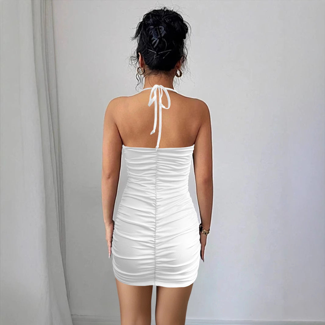 Women summer pleated sleeveless Halter Neck sexy hollow bodycon dress 4