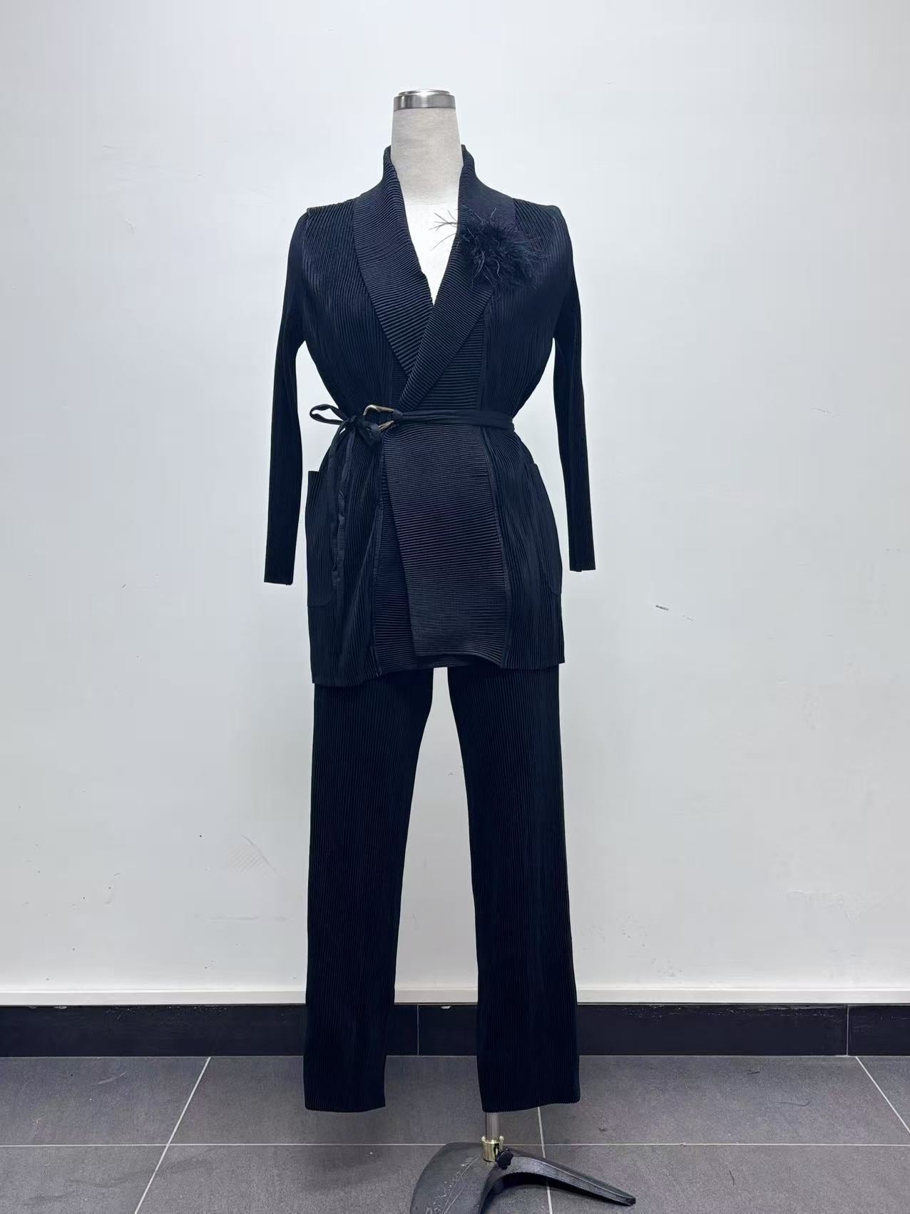 Plus Size African Women pleated Solid Blazer and Pant two-piece set